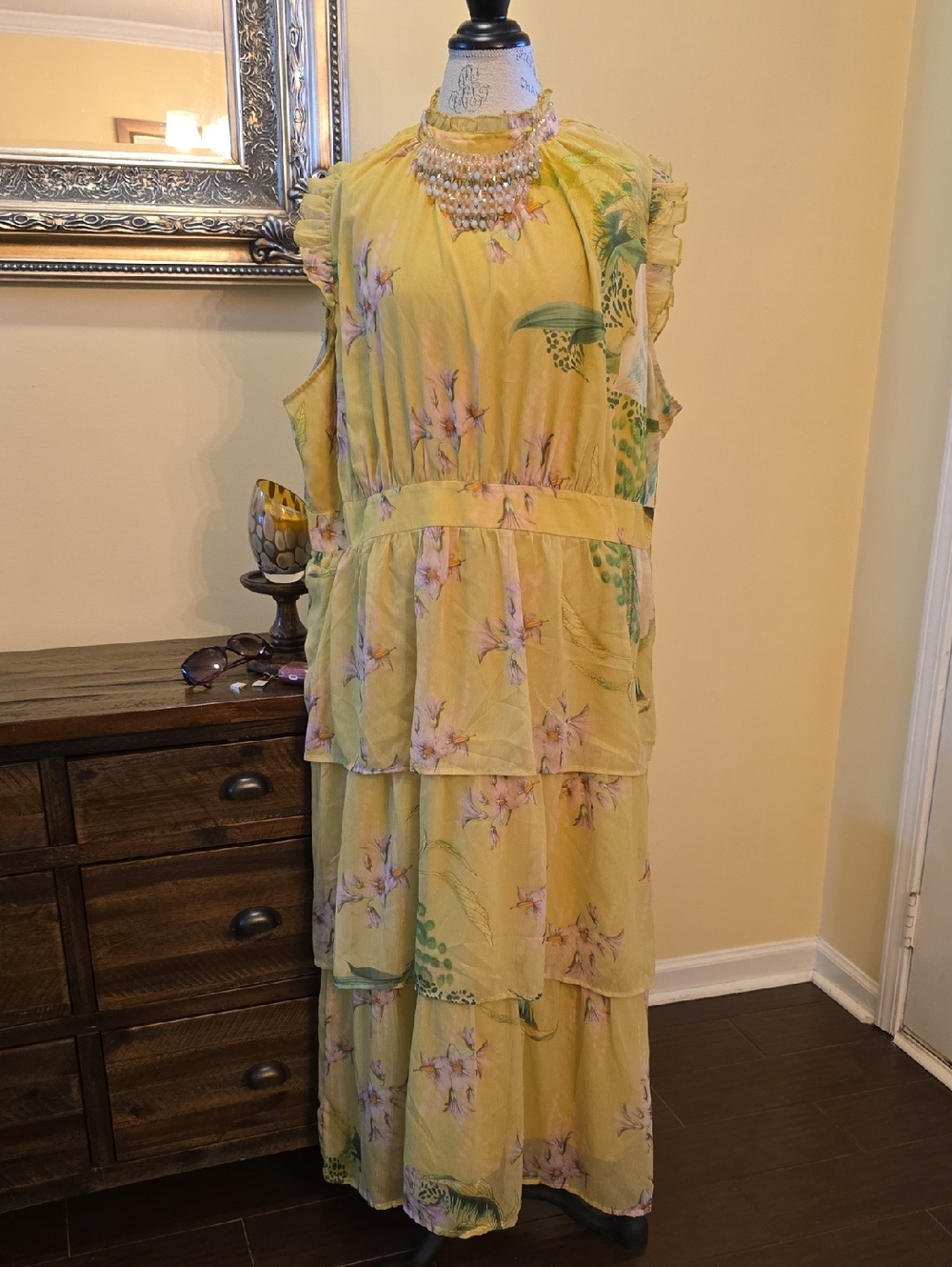 NWT Women's Plus The KEW Collection by Next Yellow Floral Tiered Maxi Dress
